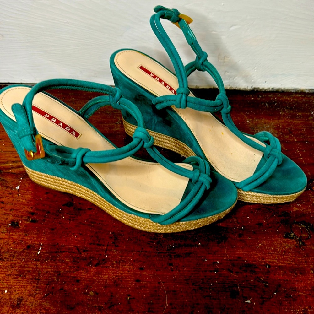 Prada turquoise suede sandals with jute base.